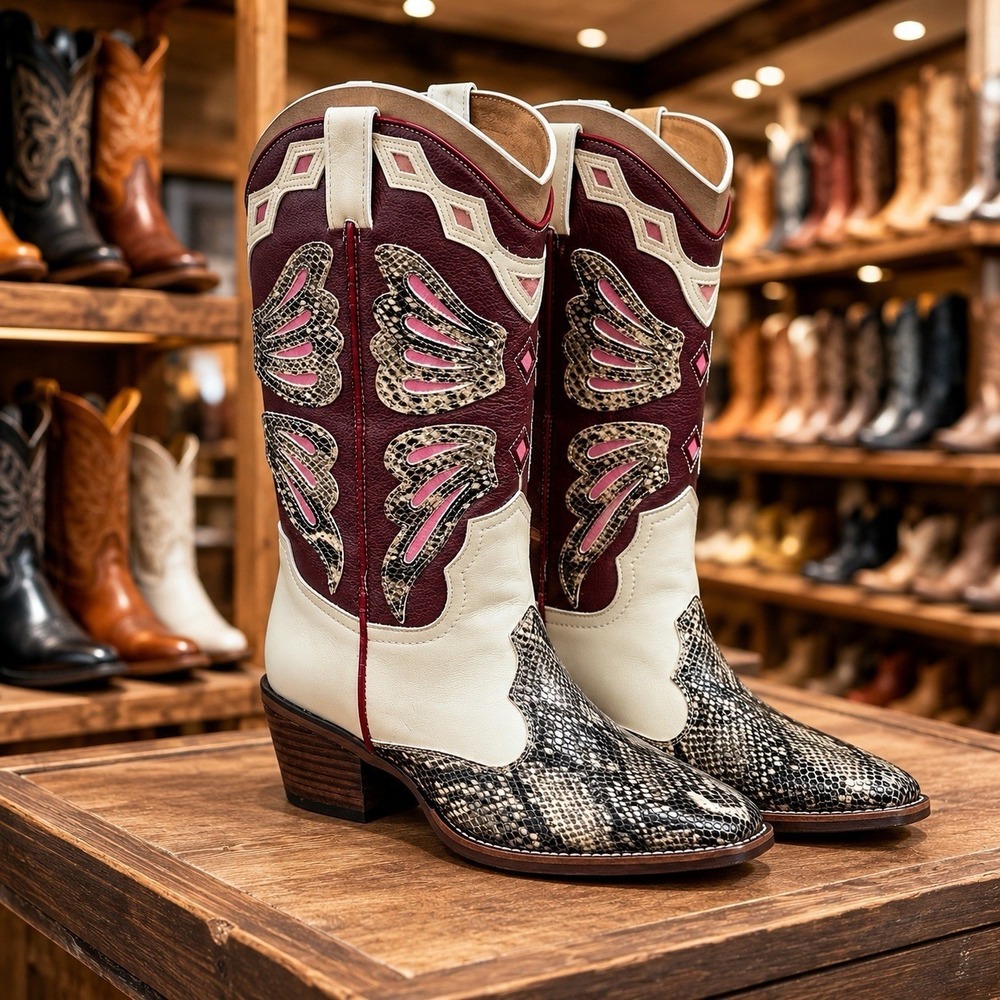 NEW Steve Madden Snakeskin Print Pointed Toe Butterfly Inlay Cowboy‎ Boots 9.5
